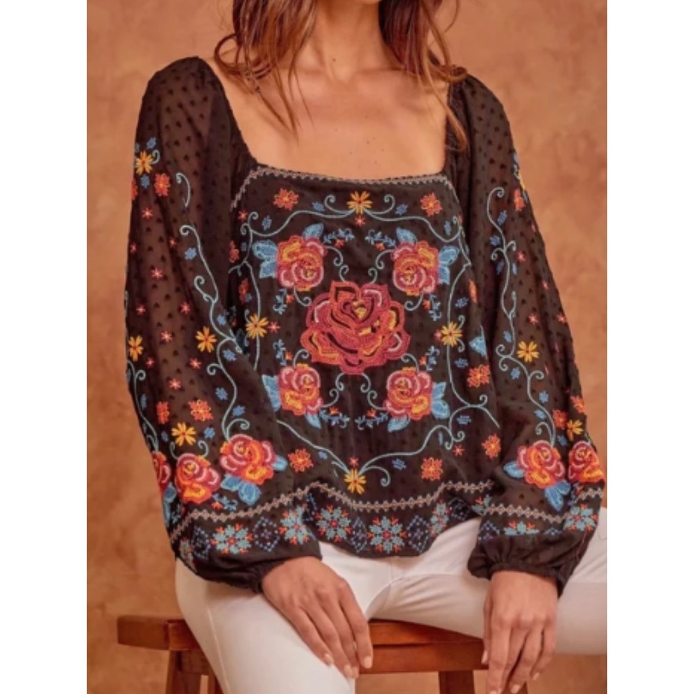 Savanna Jane Floral Embroidered Top L Black Long Sleeve Boho Artsy Hippie Blouse